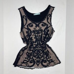 Y2K Gothic Mesh Lace Top in Black + Nude Grunge Euro Women's Medium Romantic